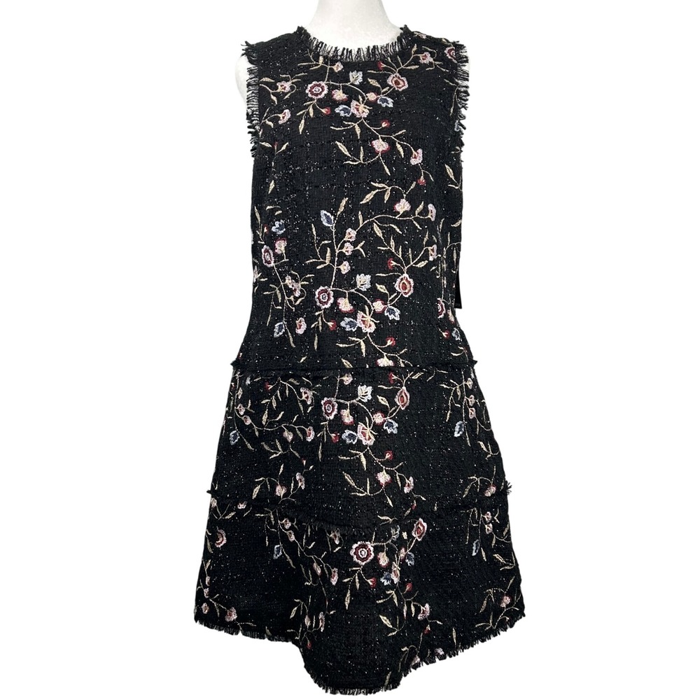 Laundry by Shelli Segal Dress Womens 14 Black NEW Floral Tweed Tiered Fringe
